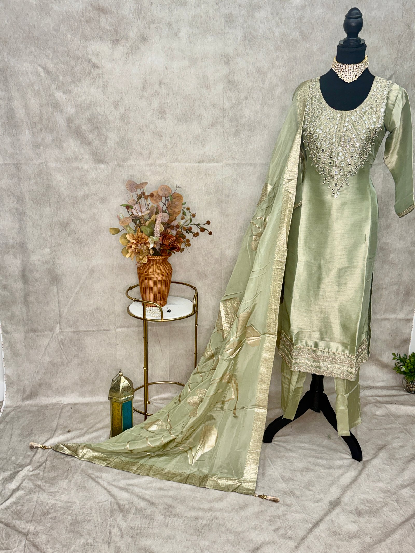 Sage Green & Gold Embroidered 3-Piece Suit Set